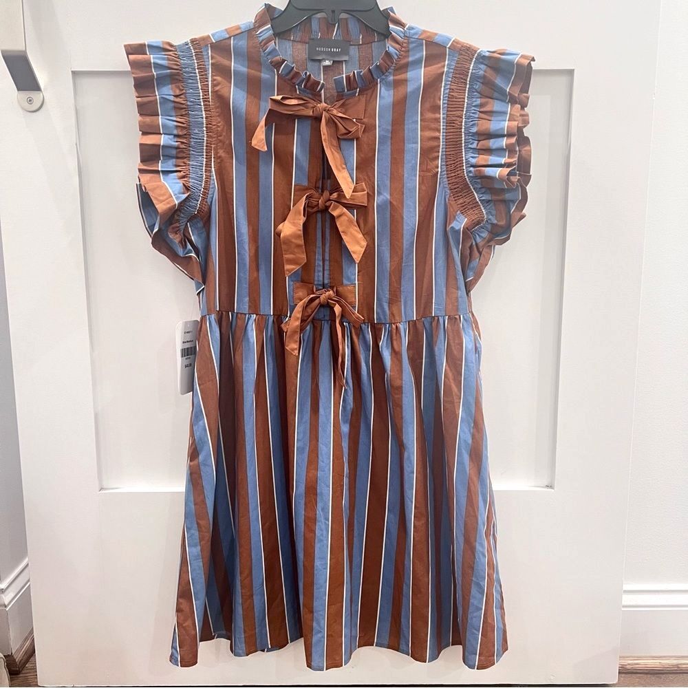 Hudson Gray Brown and Blue Striped Dress with Ruffles Medium